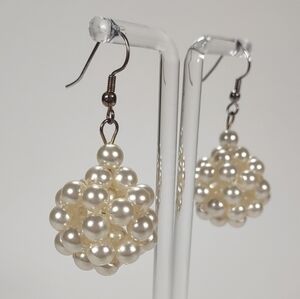 Vintage Faux Pearl Cluster Ball Fishhook Post Earrings.